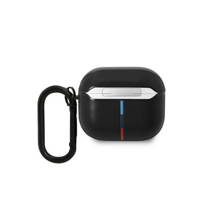 Apple Airpods 3. Nesil Kılıf BMW Orjinal Lisanslı PU Deri Tasarımlı 3 Renk Çizgili Çift Metal Logolu Kapak Siyah