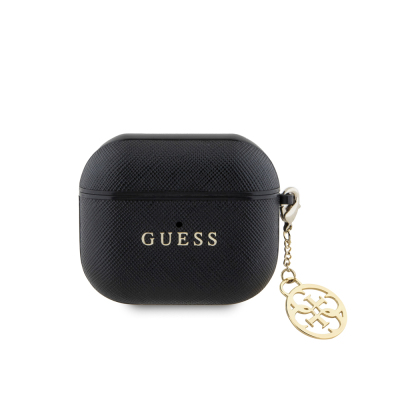Apple Airpods 3. Nesil Kılıf Guess Orjinal Lisanslı Dokulu 4G Yuvarlak Charm Saffiano Kılıf Siyah
