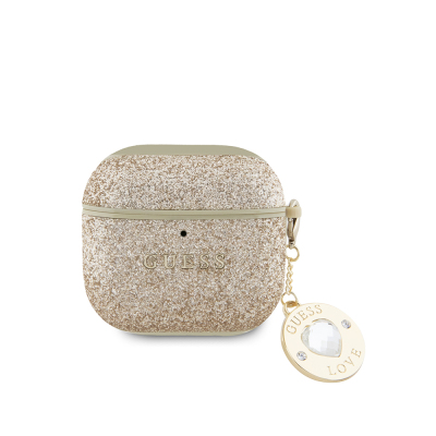 Apple AirPods 4 Case Guess Original Licensed Glitter Glitter Diamond Heart Ornamental Chain Cover Gold