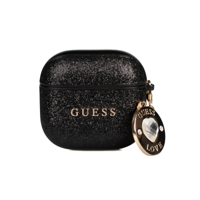 Apple AirPods 4 Case Guess Original Licensed Glitter Glitter Diamond Heart Ornamental Chain Cover Black