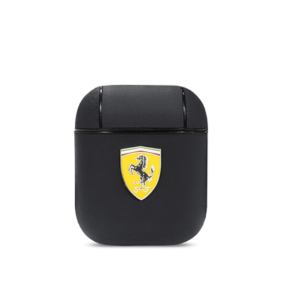 Apple Airpods Case Ferrari Original Licensed PU Leather Metal Logo SF Back Text Cover Black