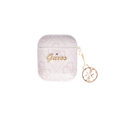 Apple Airpods Case Guess Original Licensed 4G Patterned Metal Script Logo 4G Charm Right Hand Strap PU Leather Case Pink