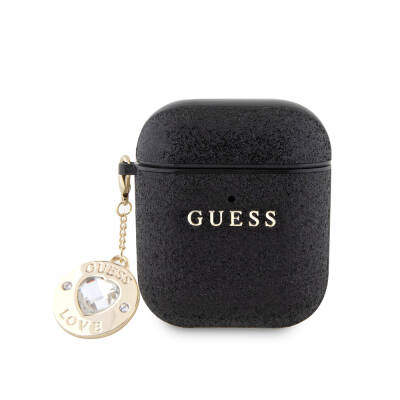 Apple Airpods Case Guess Original Licensed Glitter Diamond Heart Ornament Chain Cover Black