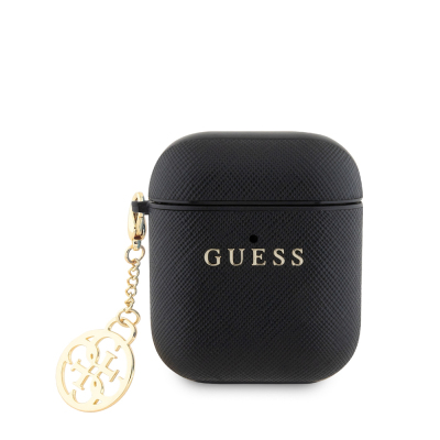 Apple Airpods Case Guess Original Licensed Textured 4G Saffiano Case Round Ornamental Chain Black