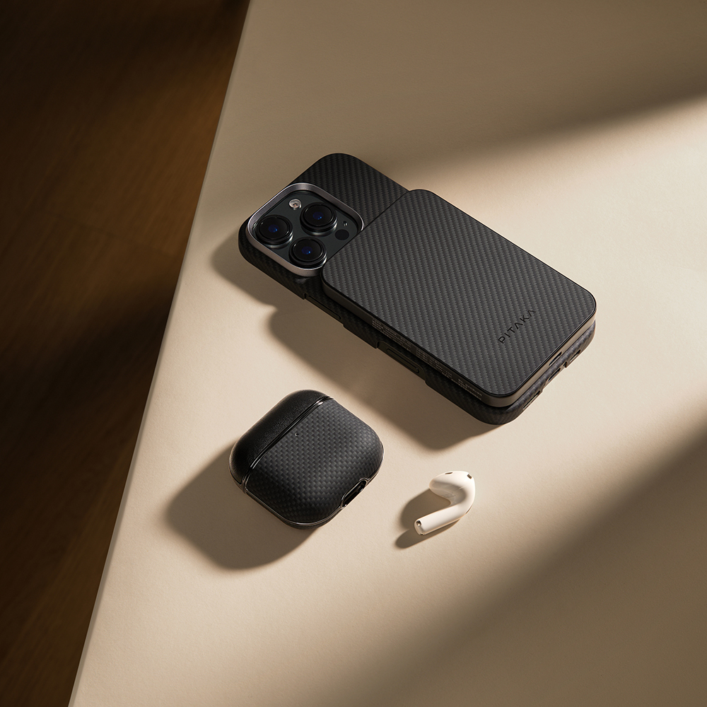 Apple Airpods Pro 2 Kılıf 1500D Aramid Fiber Pitaka Ultra-Slim Classic Serisi Black-Grey Twill Kapak - 13