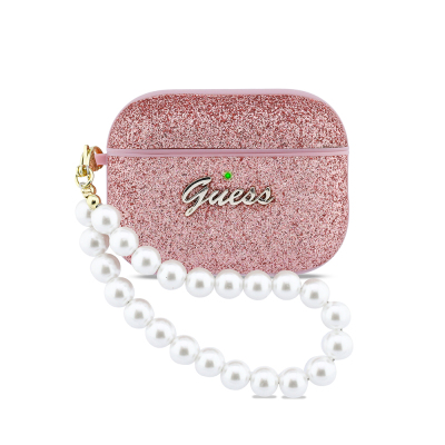 Apple Airpods Pro 3 Kılıf Guess Glitter İnci Bilek Askılı Kapak Pembe