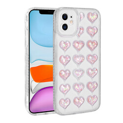 Apple iPhone 11 Camera Protected Colorful Heart Pattern Transparent Zore Heart Cover Dark Pink