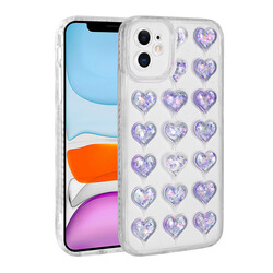 Apple iPhone 11 Camera Protected Colorful Heart Pattern Transparent Zore Heart Cover Lila