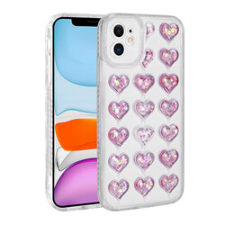 Apple iPhone 11 Camera Protected Colorful Heart Pattern Transparent Zore Heart Cover Red