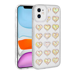 Apple iPhone 11 Camera Protected Colorful Heart Pattern Transparent Zore Heart Cover Yellow