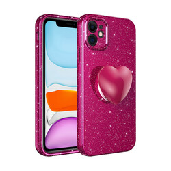 Apple iPhone 11 Case Camera Protected Glittery Pop Socket Luxury Zore Cotton Socket Cover Plum