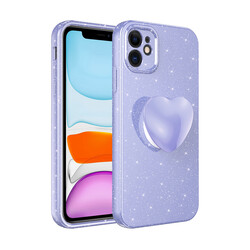 Apple iPhone 11 Case Camera Protected Glittery Pop Socket Luxury Zore Cotton Socket Cover Lila