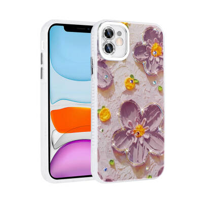 Apple iPhone 11 Case Flower Patterned Shiny Stone Hard Silicone Zore Garden Cover Purple