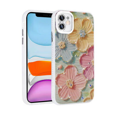 Apple iPhone 11 Case Flower Patterned Shiny Stone Hard Silicone Zore Garden Cover Colorful