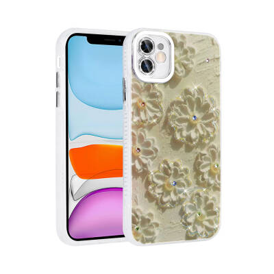 Apple iPhone 11 Case Flower Patterned Shiny Stone Hard Silicone Zore Garden Cover White