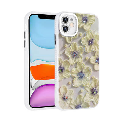 Apple iPhone 11 Case Flower Patterned Shiny Stone Hard Silicone Zore Garden Cover Blue