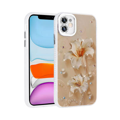 Apple iPhone 11 Case Flower Patterned Shiny Stone Hard Silicone Zore Garden Cover Light Pink