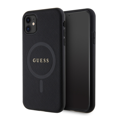 Apple iPhone 11 Case Guess Original Licensed Magsafe Charging Feature Text Logo Saffiano Classic Cover Black