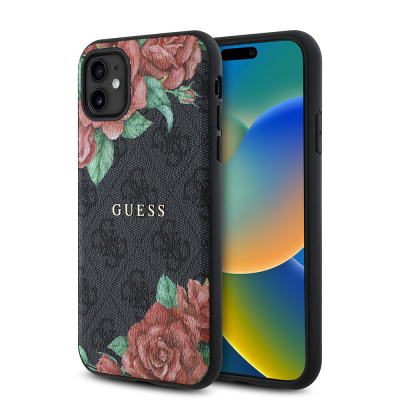 Apple iPhone 11 Case Guess Original Licensed Magsafe Compatible Rose Printed 4G Patterned Text Logo Cover Black