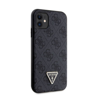 Apple iPhone 11 Case Guess Original Licensed PU Leather Stoned Triangle Logo 4G Patterned Cover Black