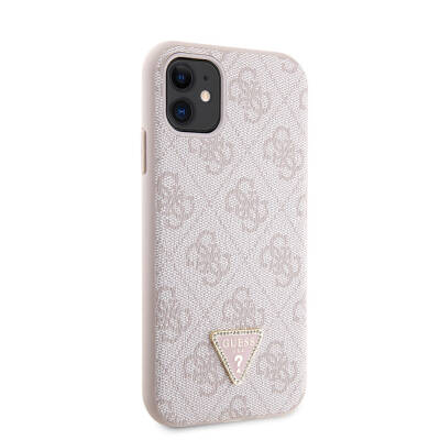 Apple iPhone 11 Case Guess Original Licensed PU Leather Stoned Triangle Logo 4G Patterned Cover Pink