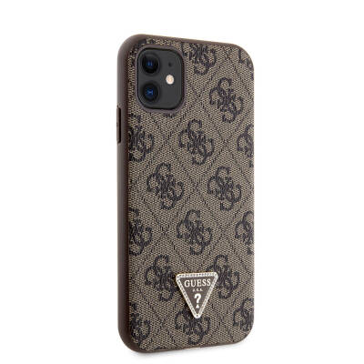 Apple iPhone 11 Case Guess Original Licensed PU Leather Stoned Triangle Logo 4G Patterned Cover Brown