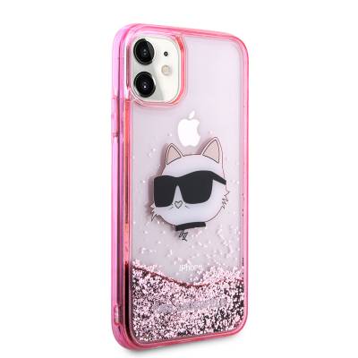 Apple iPhone 11 Case Karl Lagerfeld Fluid Glittery Choupette Head Design Cover Pink