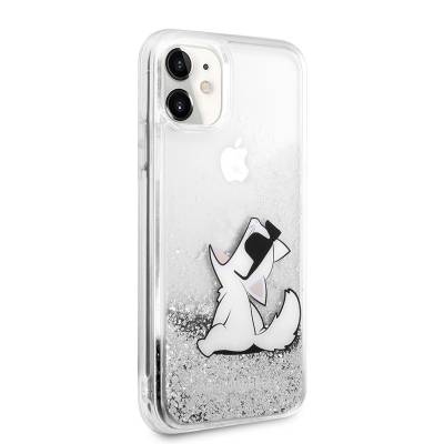 Apple iPhone 11 Case Karl Lagerfeld Liquid Glittery Choupette Fun Design Cover Silver