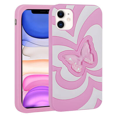 Apple iPhone 11 Case Liquid Glitter Butterfly Design Zore Vodena Cover Pink