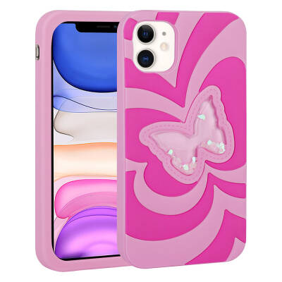 Apple iPhone 11 Case Liquid Glitter Butterfly Design Zore Vodena Cover Dark Pink