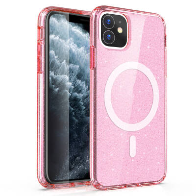 Apple iPhone 11 Case Magsafe Charging Feature Shining Glitter Transparent Colored Zore Allstar Cover Pink