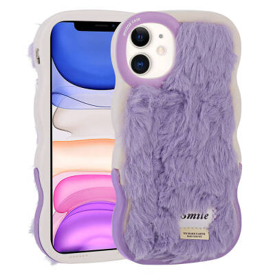 Apple iPhone 11 Case with Stand Camera Protection Furry Back Surface Design Zore Mona Cover Purple