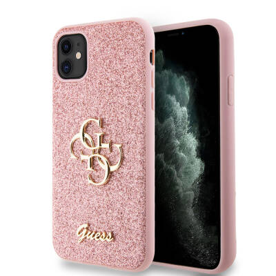 Apple iPhone 11 Kılıf Guess Orjinal Lisanslı 4G Büyük Metal Logolu Glitter Kapak Pembe