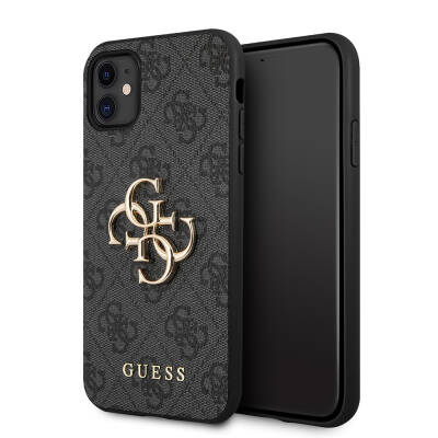 Apple iPhone 11 Kılıf Guess PU Deri Büyük Metal Logo Dizaynlı Kapak Gri