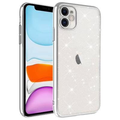Apple iPhone 11 Kılıf Kamera Korumalı Renkli Çerçeveli Simli Zore Garage Kapak Gümüş