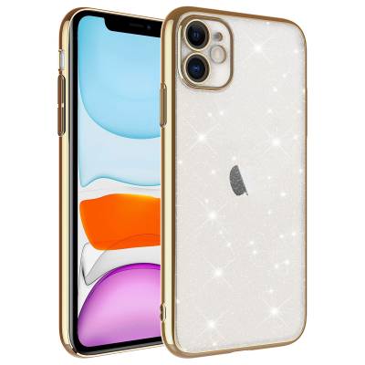 Apple iPhone 11 Kılıf Kamera Korumalı Renkli Çerçeveli Simli Zore Garage Kapak Gold