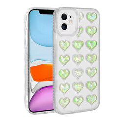 Apple iPhone 11 Kılıf Kamera Korumalı Renkli Kalp Desenli Transparan Zore Kalp Kapak Yeşil