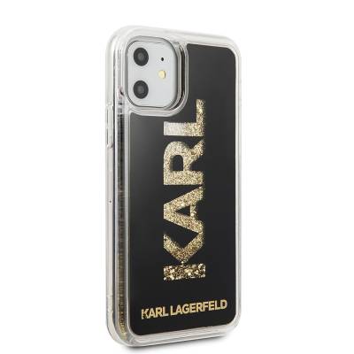 Apple iPhone 11 Kılıf Karl Lagerfeld Sıvılı Simli Logo Dizayn Kapak Siyah-Gold