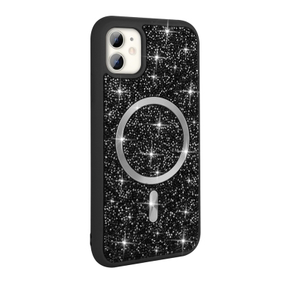 Apple iPhone 11 Kılıf Pırlanta Tasarımlı M-safe Şarj Özellikli Zore Mozaik Silikon Kapak Siyah