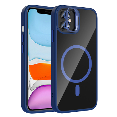 Apple iPhone 11 Kılıf Standlı ve Kamera Lens Hediyeli M-Safe Şarj Özellikli Zore Etro Kapak Lacivert