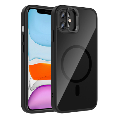 Apple iPhone 11 Kılıf Standlı ve Kamera Lens Hediyeli M-Safe Şarj Özellikli Zore Etro Kapak Siyah