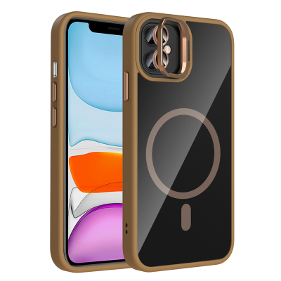Apple iPhone 11 Kılıf Standlı ve Kamera Lens Hediyeli M-Safe Şarj Özellikli Zore Etro Kapak Desert Titanyum