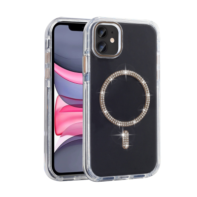 Apple iPhone 11 Kılıf Taşlı Tasarım M-safe Şarj Özellikli Zore Koment Silikon Kapak Gold