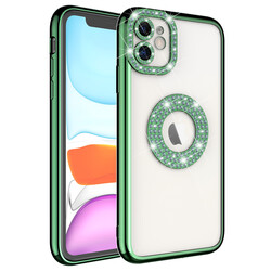 Apple iPhone 12 Case Camera Protected Stone Decorated Back Transparent Zore Asya Cover Green