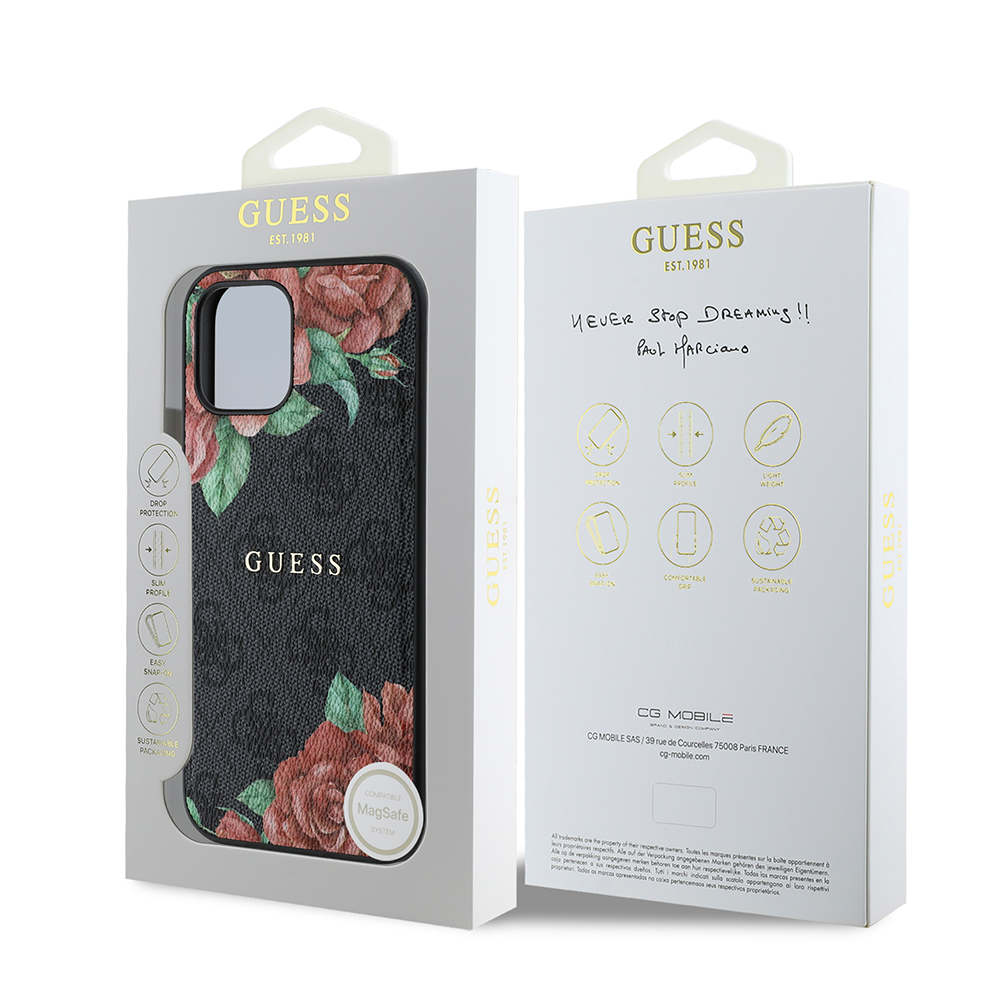 Apple iPhone 12 Case Guess Original Licensed Magsafe Charging Feature Rose Printed 4G Patterned Text Logo Cover - 10