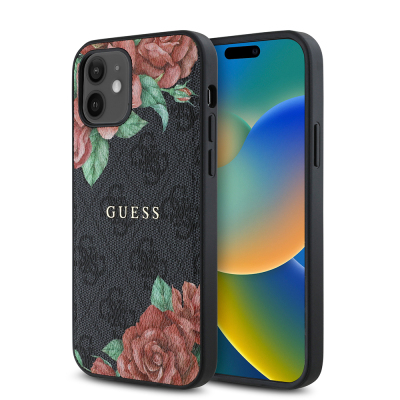 Apple iPhone 12 Case Guess Original Licensed Magsafe Charging Feature Rose Printed 4G Patterned Text Logo Cover Black
