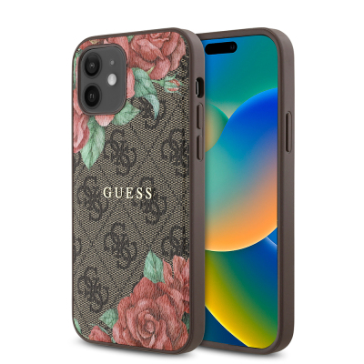 Apple iPhone 12 Case Guess Original Licensed Magsafe Charging Feature Rose Printed 4G Patterned Text Logo Cover Brown