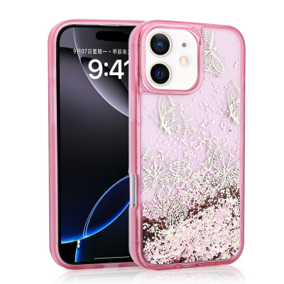 Apple iPhone 12 Case Liquid Glitter Butterfly Printed Transparent Back Surface Zore Glis Silicone Cover Pink