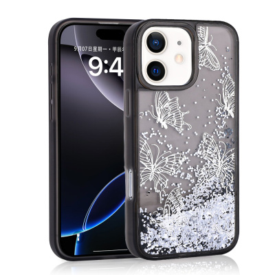 Apple iPhone 12 Case Liquid Glitter Butterfly Printed Transparent Back Surface Zore Glis Silicone Cover Black