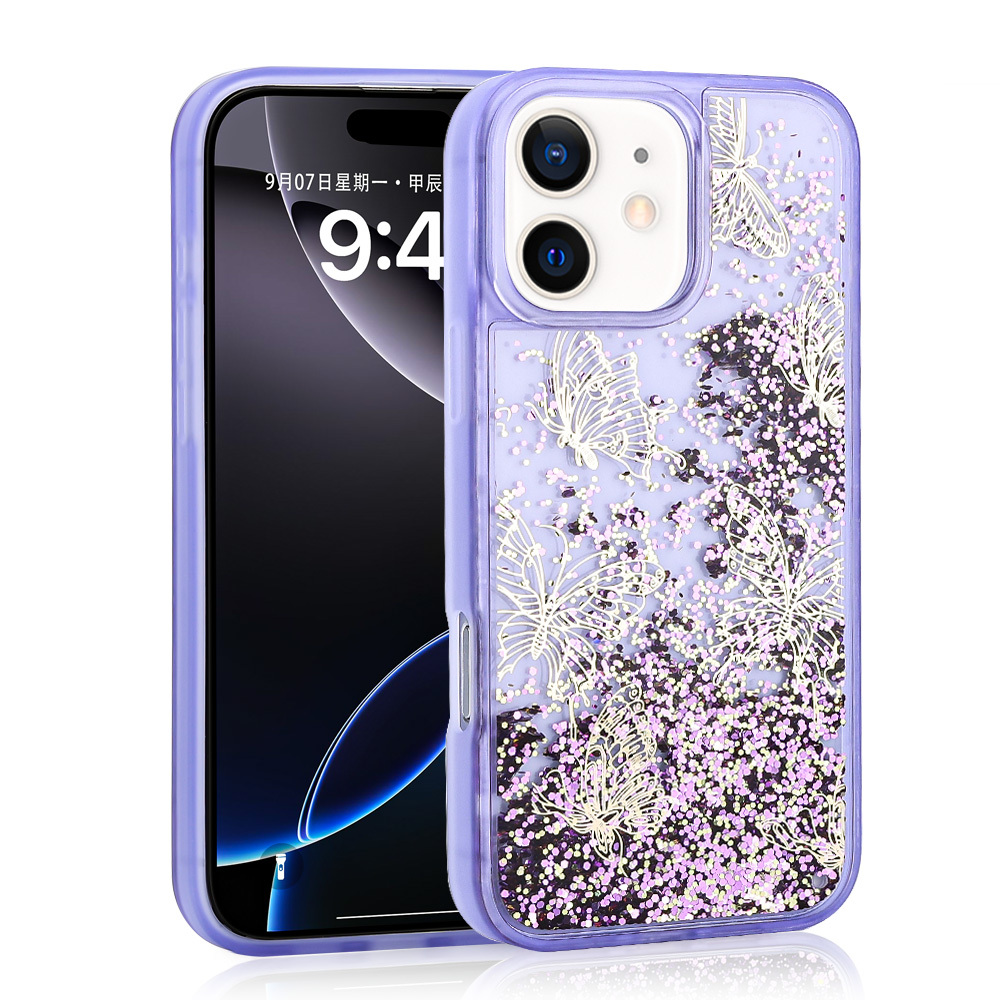 Apple iPhone 12 Case Liquid Glitter Butterfly Printed Transparent Back Surface Zore Glis Silicone Cover - 4